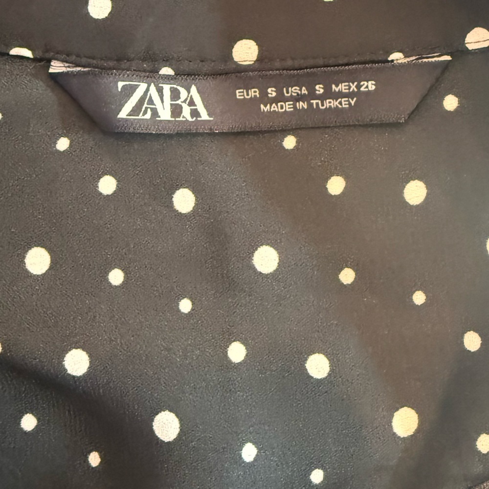 Zara Polka Dot Midi Dress Long Sleeve Tiered Skirt Collared Shirtdress Black S - Picture 4 of 5